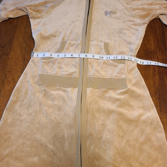 Guess Womens Velour Tan Zip Up Dress W Hood Size Medium Short Sleeve *Fits Small - Picture 7 of 12